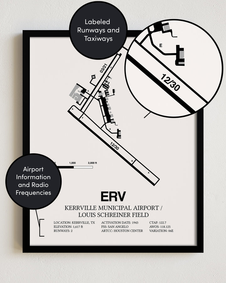 ERV Airport Map, Kerrville Municipal Airport/Louis Schreiner Field Print