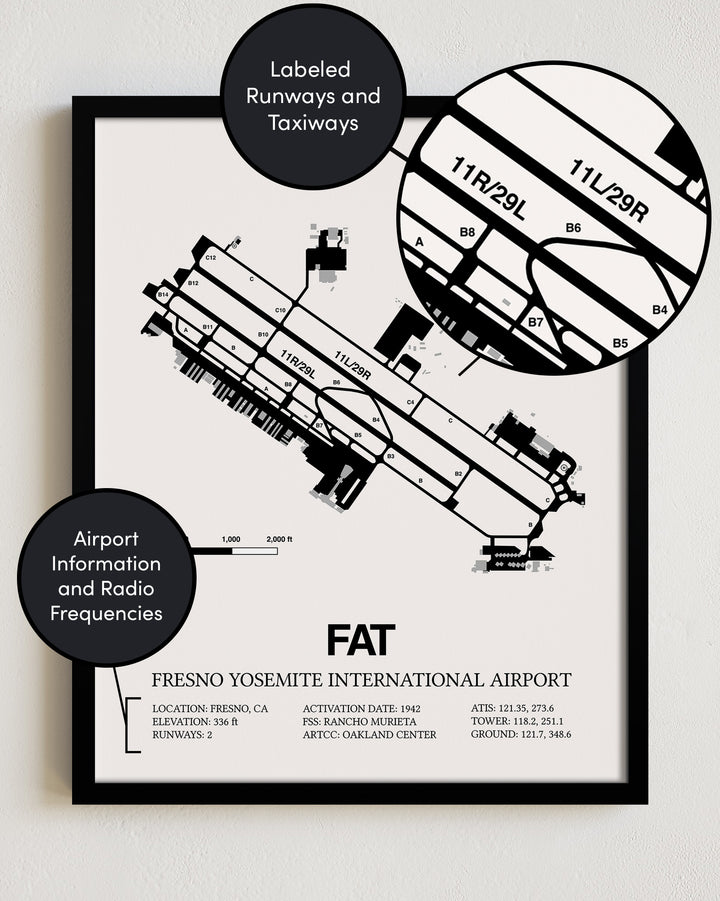 FAT Airport Map, Fresno Yosemite International Airport Print