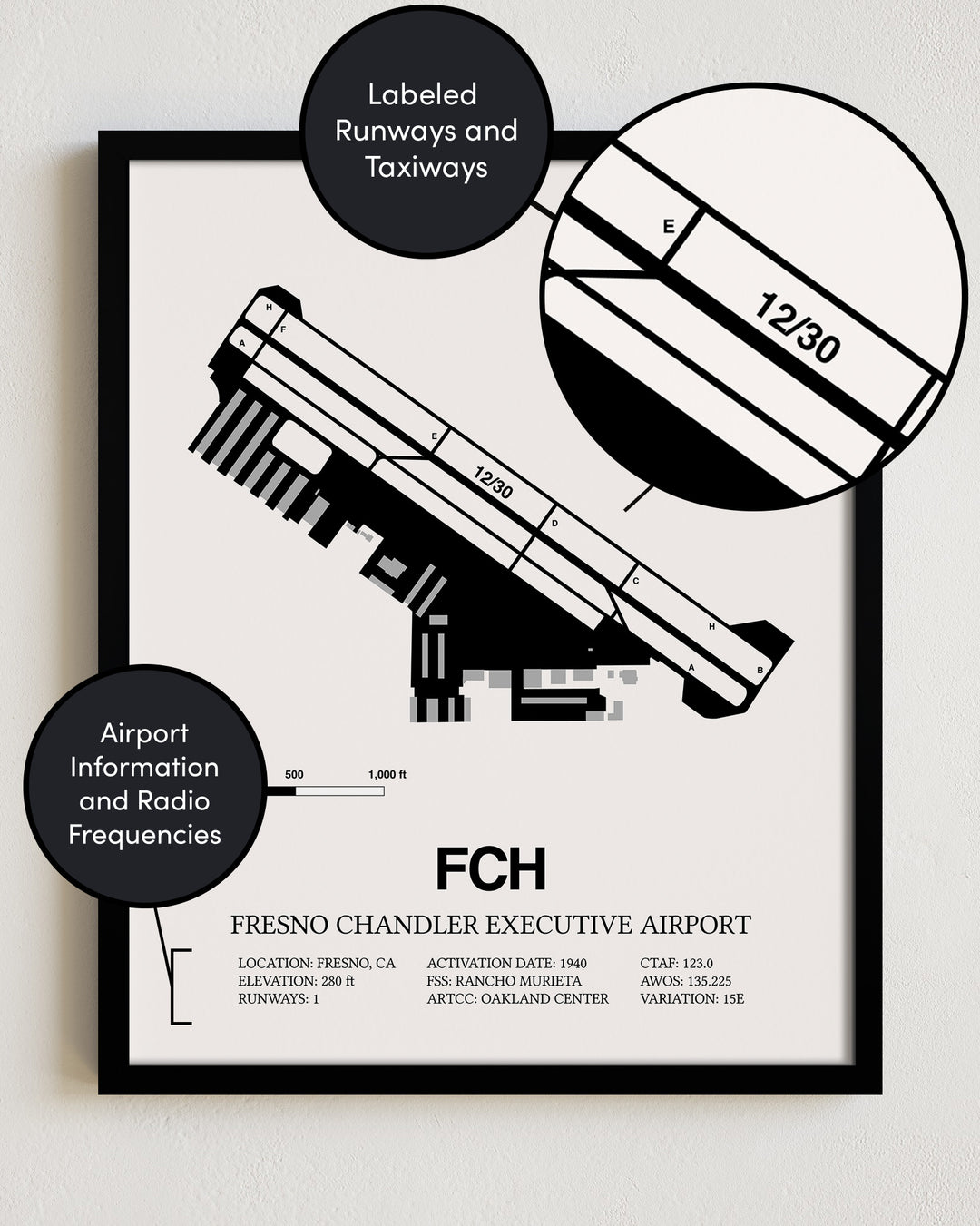 FCH Airport Map, Fresno Chandler Executive Airport Print