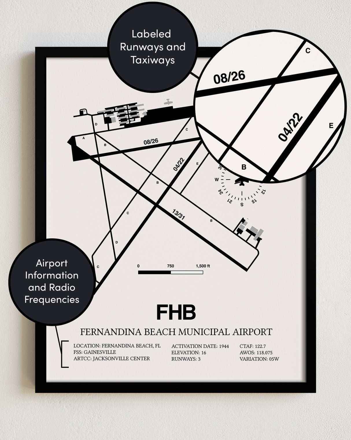 Framed Detailed Airport Map of Fernandina Beach Municipal Airport (FHB) in White with a Black Frame