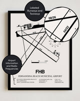 Framed Detailed Airport Map of Fernandina Beach Municipal Airport (FHB) in White with a Black Frame