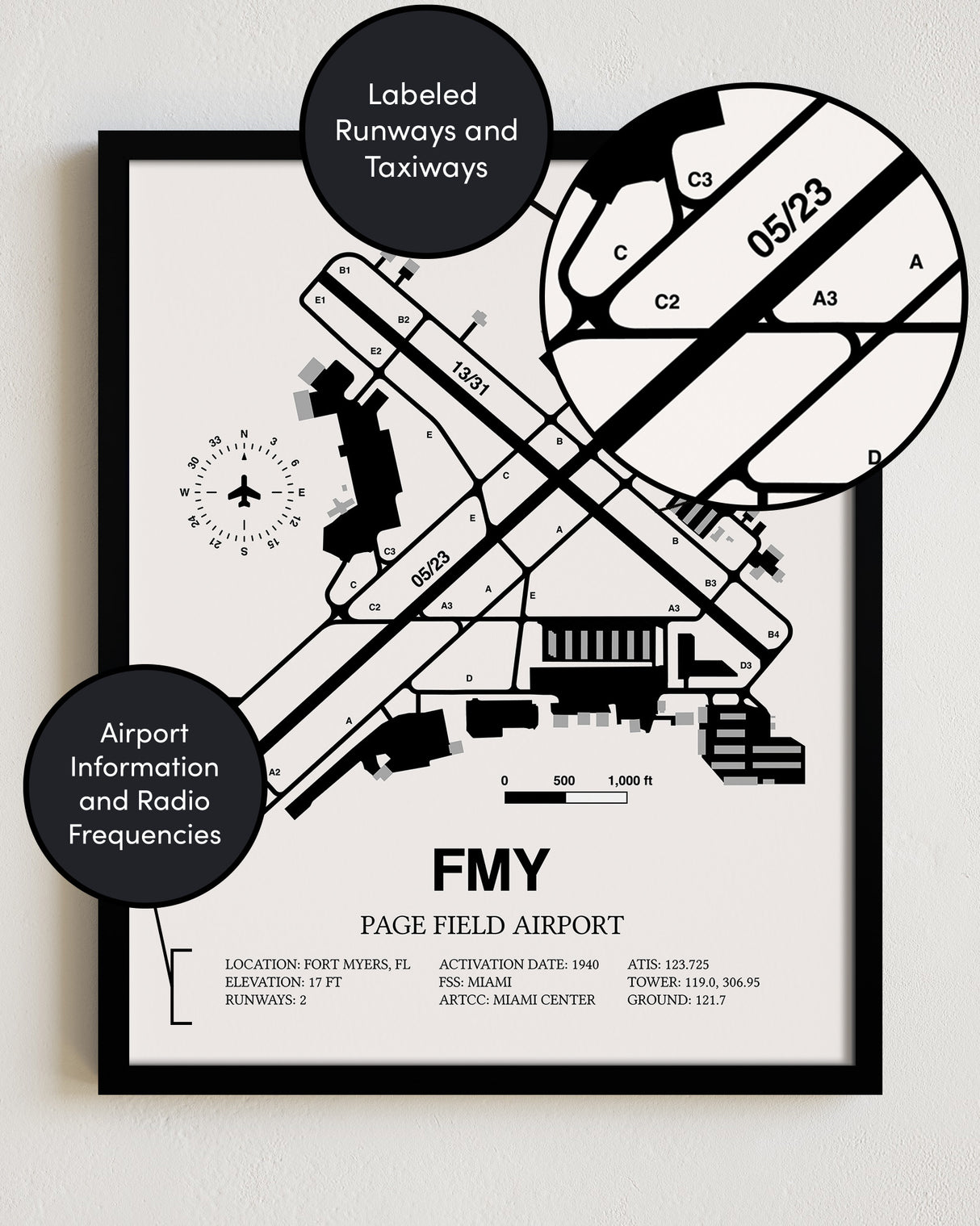 Framed Detailed Airport Map of Page Field (FMY) in White with a Black Frame