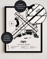 Framed Detailed Airport Map of Page Field (FMY) in White with a Black Frame