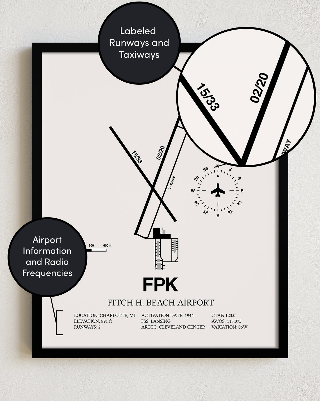 Framed Detailed Airport Map of Fitch H Beach Airport (FPK) in White with a Black Frame