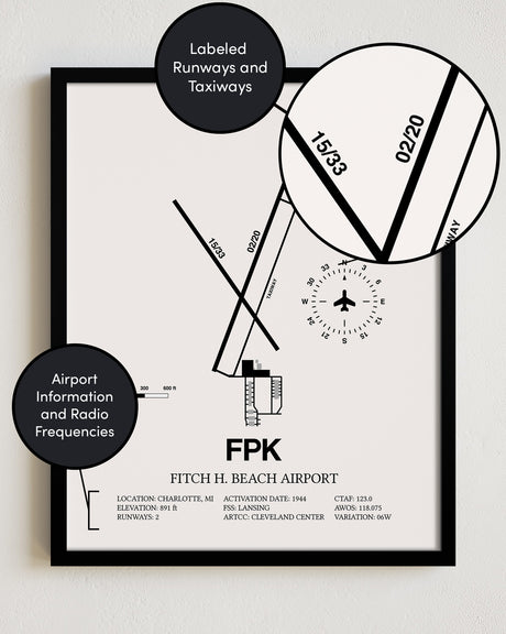 Framed Detailed Airport Map of Fitch H Beach Airport (FPK) in White with a Black Frame
