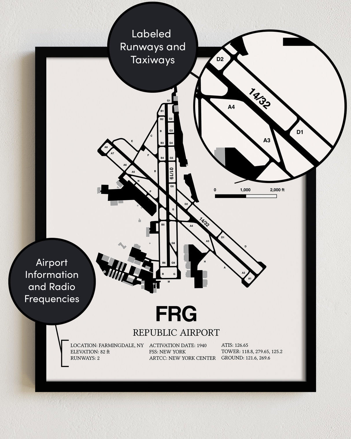 Framed Detailed Airport Map of Republic Airport (FRG) in White with a Black Frame