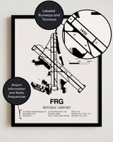 Framed Detailed Airport Map of Republic Airport (FRG) in White with a Black Frame