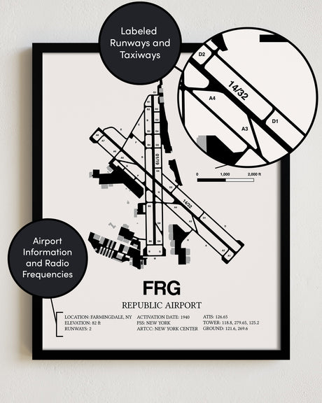 Framed Detailed Airport Map of Republic Airport (FRG) in White with a Black Frame