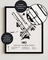 Framed Detailed Airport Map of Portland - Hillsboro Airport (HIO) in White with a Black Frame