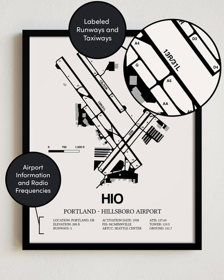 Framed Detailed Airport Map of Portland - Hillsboro Airport (HIO) in White with a Black Frame
