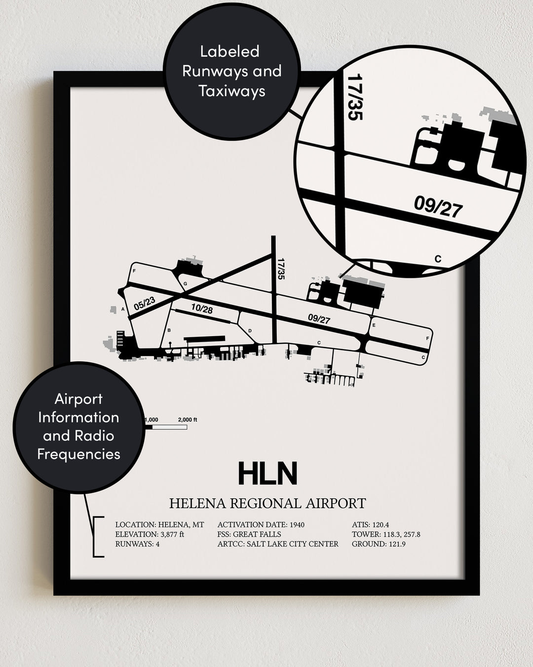 HLN Airport Map, Helena Regional Airport Print