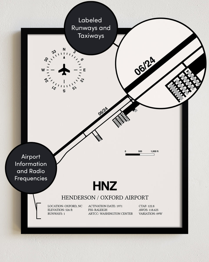 HNZ Airport Map, Henderson/Oxford Airport Print