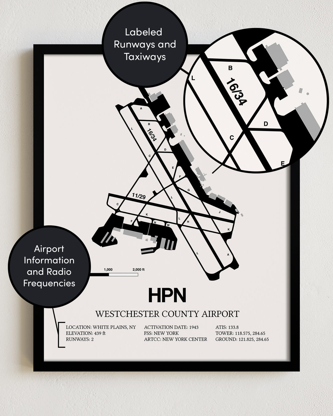 HPN Airport Map, Westchester County Airport Print