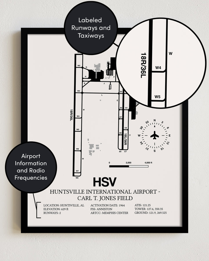 HSV Airport Map, Huntsville International Airport - Carl T. Jones Field Print