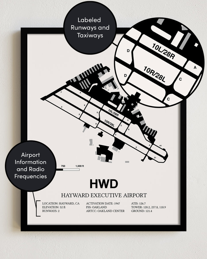 HWD Airport Map, Hayward Executive Airport Print