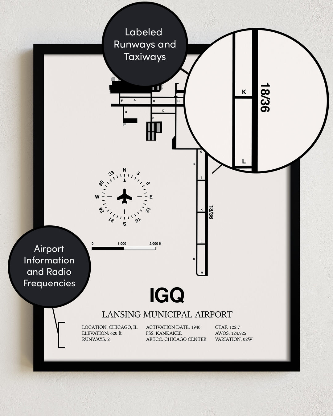 IGQ Airport Map, Lansing Municipal Airport Print