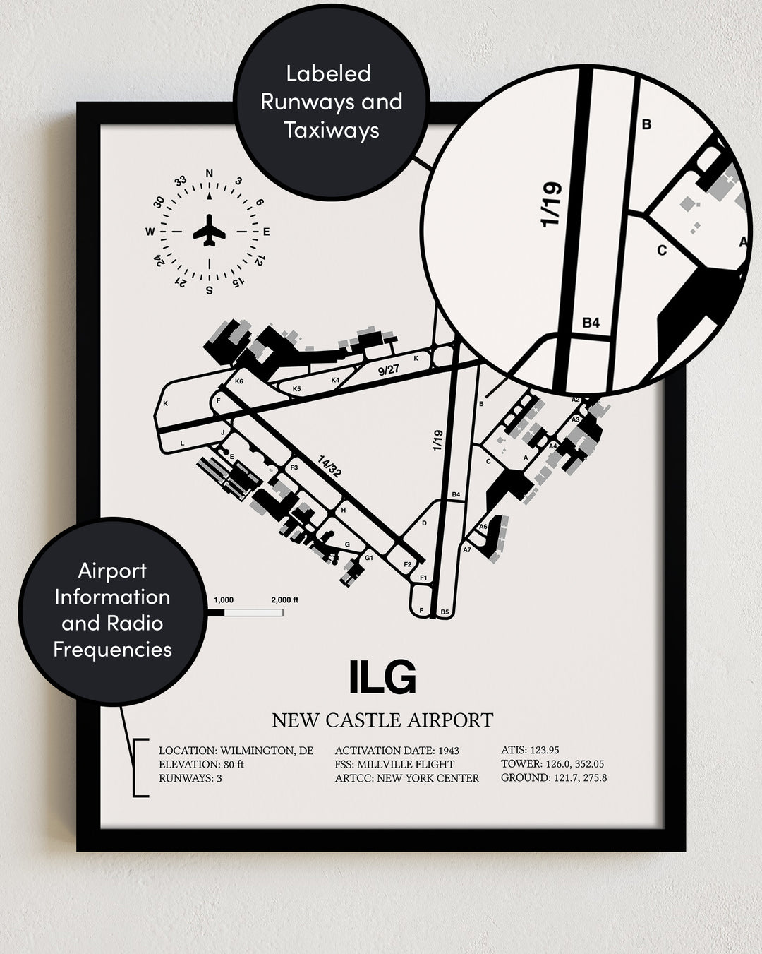 ILG Airport Map, New Castle Airport Print