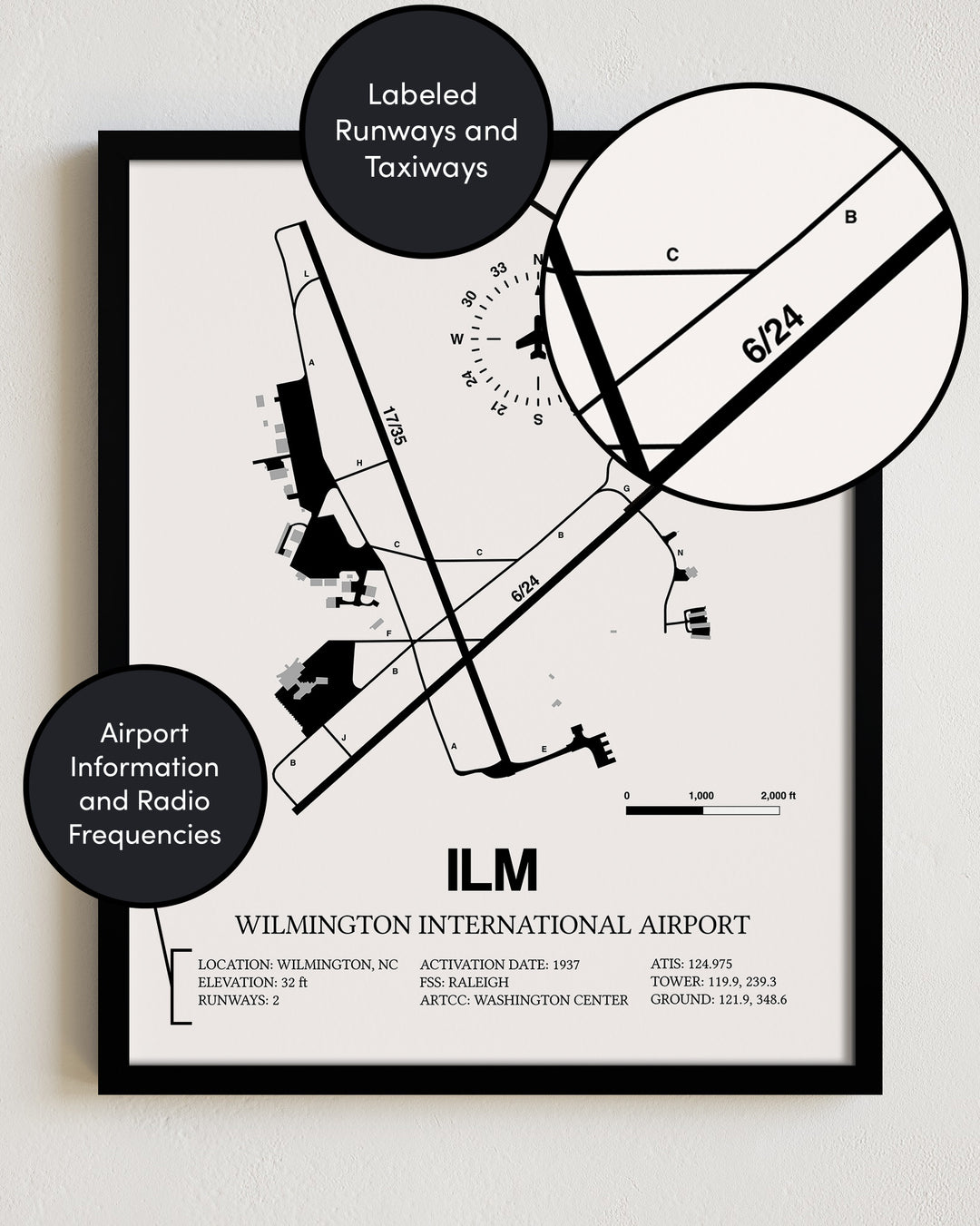 ILM Airport Map, Wilmington International Airport Print