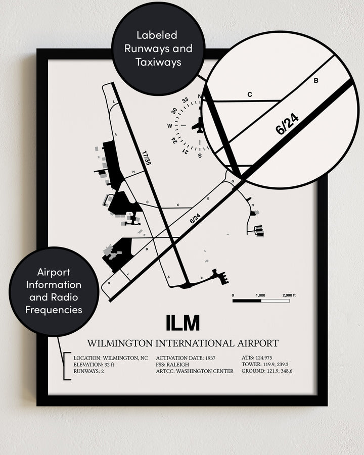 ILM Airport Map, Wilmington International Airport Print
