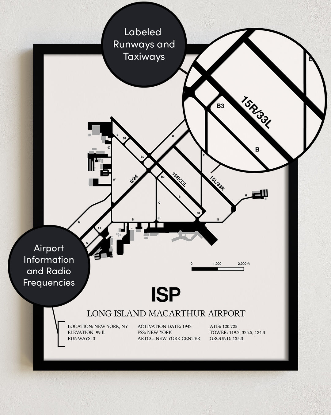 ISP Airport Map, Long Island MacArthur Airport Print