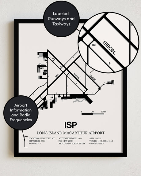 ISP Airport Map, Long Island MacArthur Airport Print