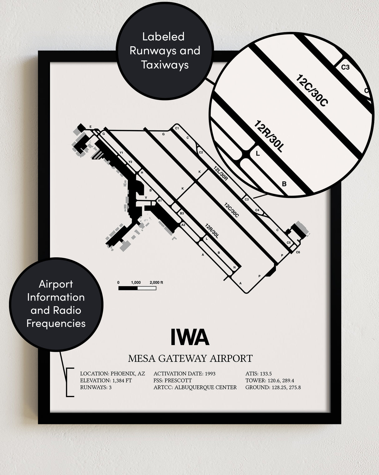 Framed Detailed Airport Map of Phoenix Mesa Gateway Airport (IWA) in White with a Black Frame