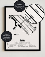 Framed Detailed Airport Map of Phoenix Mesa Gateway Airport (IWA) in White with a Black Frame