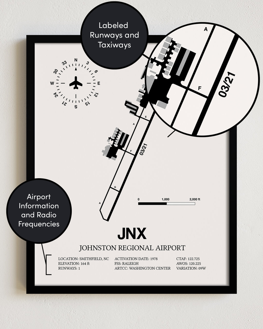 JNX Airport Map, Johnston Regional Airport Print