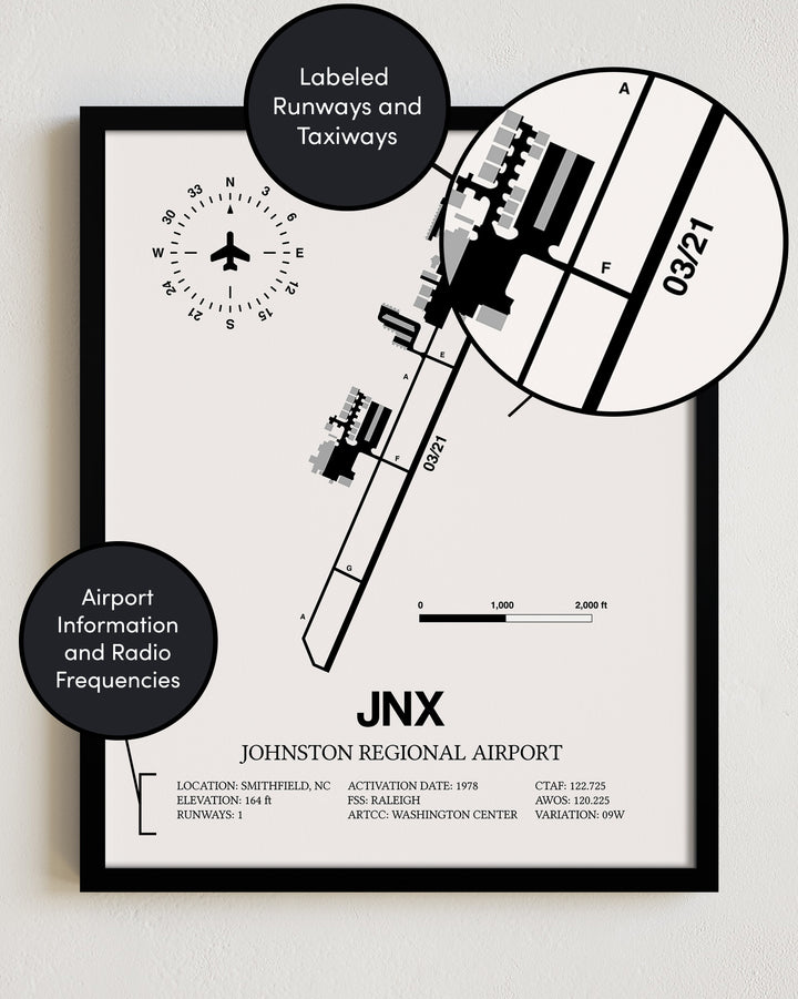 JNX Airport Map, Johnston Regional Airport Print