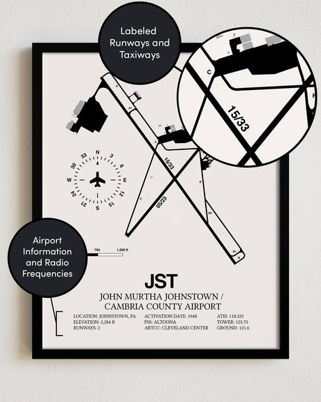 JST Airport Map, John Murtha Johnstown / Cambria County Airport Print