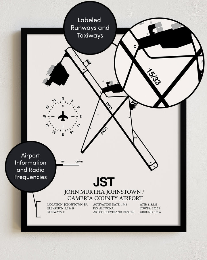 JST Airport Map, John Murtha Johnstown / Cambria County Airport Print