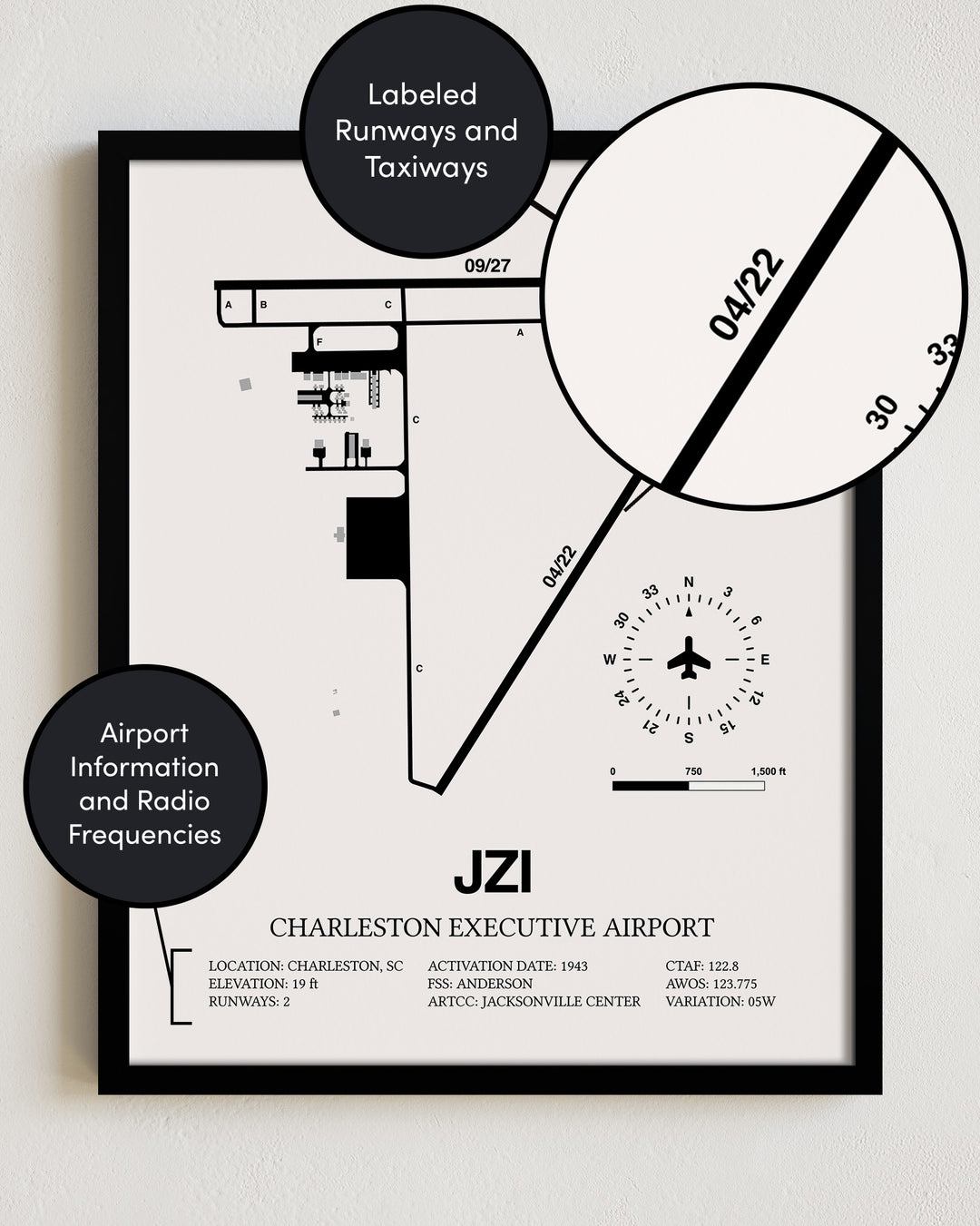 JZI Airport Map, Charleston Executive Airport Print