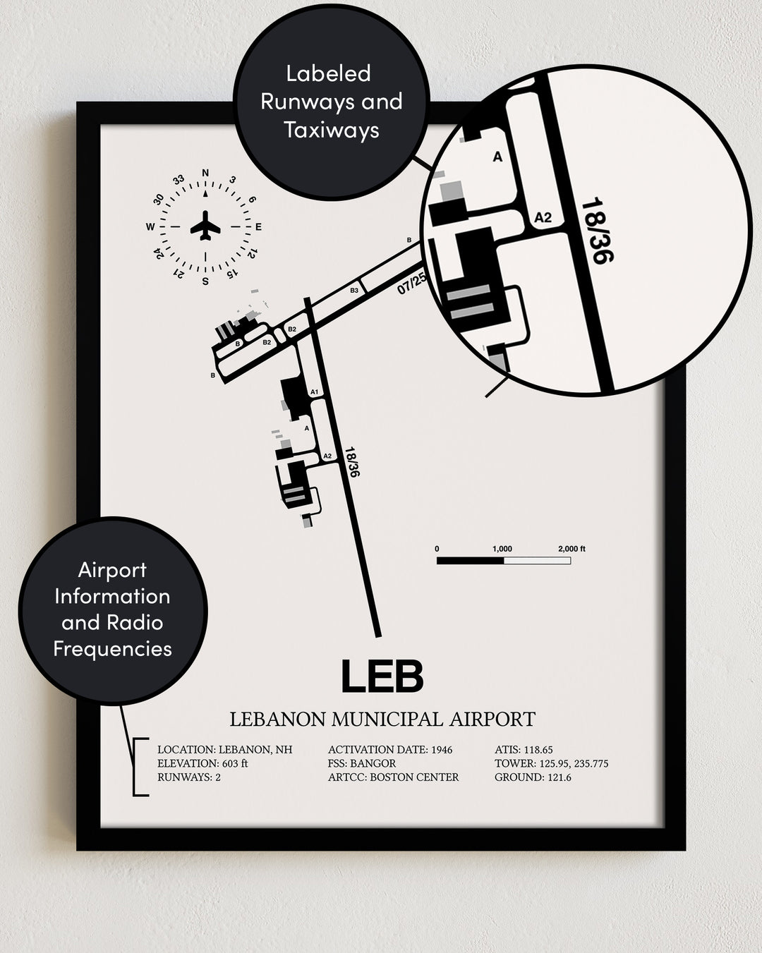 LEB Airport Map, Lebanon Municipal Airport Print