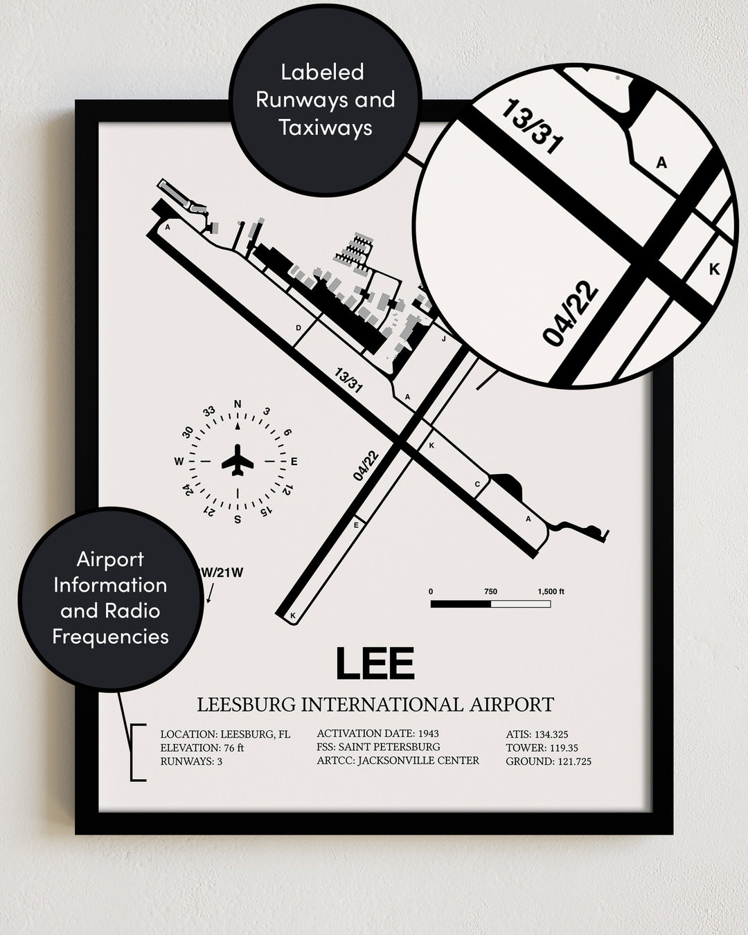 LEE Airport Map, Leesburg International Airport Print
