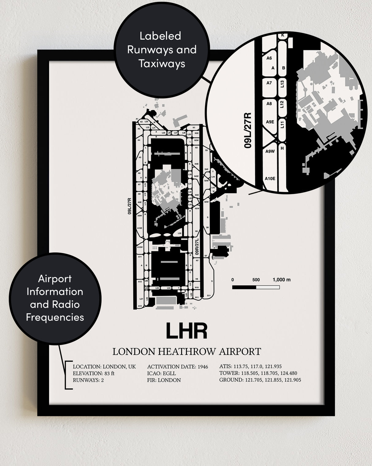 Framed Detailed Airport Map of London Heathrow Airport (LHR) in White with a Black Frame