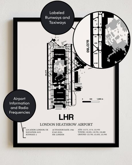 Framed Detailed Airport Map of London Heathrow Airport (LHR) in White with a Black Frame