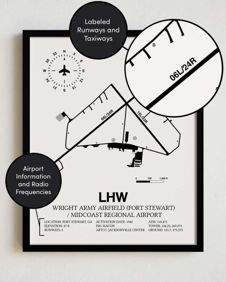 LHW Airport Map, Wright Army Airfield (Fort Stewart) / Midcoast Regional Airport Print