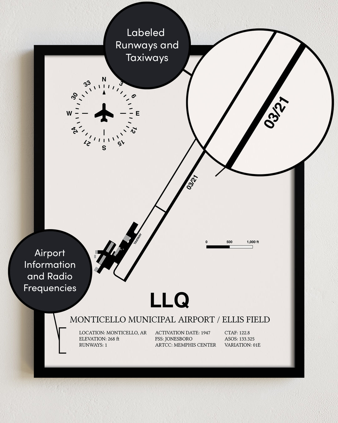 LLQ Airport Map, Monticello Municipal Airport / Ellis Field Print