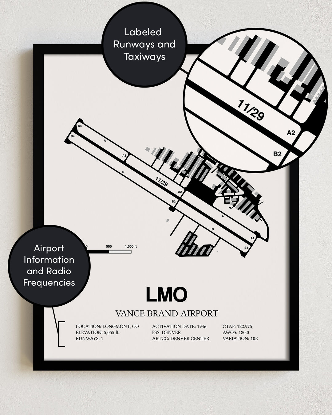LMO Airport Map, Vance Brand Airport Print