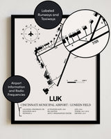 Framed Detailed Airport Map of Cincinnati Municipal Airport Lunken Field (LUK) in White with a Black Frame