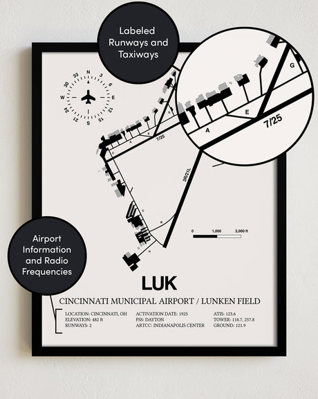 Framed Detailed Airport Map of Cincinnati Municipal Airport Lunken Field (LUK) in White with a Black Frame
