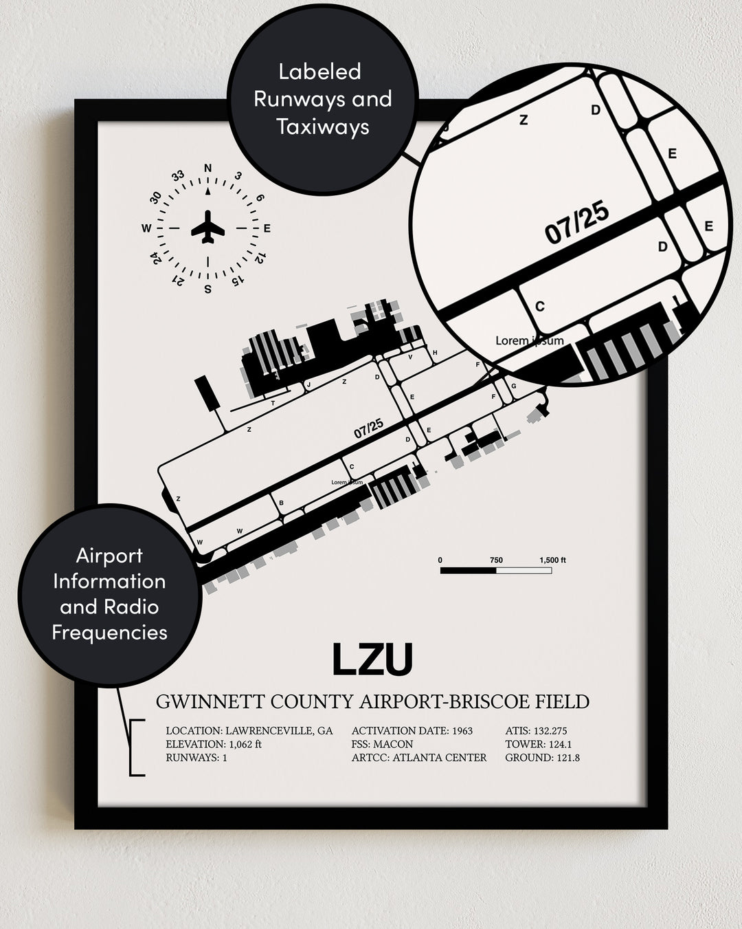 LZU Airport Map, Gwinnett County Airport-Briscoe Field Print