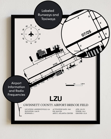 LZU Airport Map, Gwinnett County Airport-Briscoe Field Print