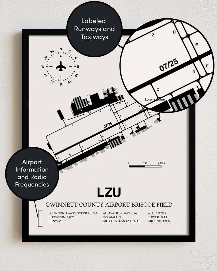 LZU Airport Map, Gwinnett County Airport-Briscoe Field Print