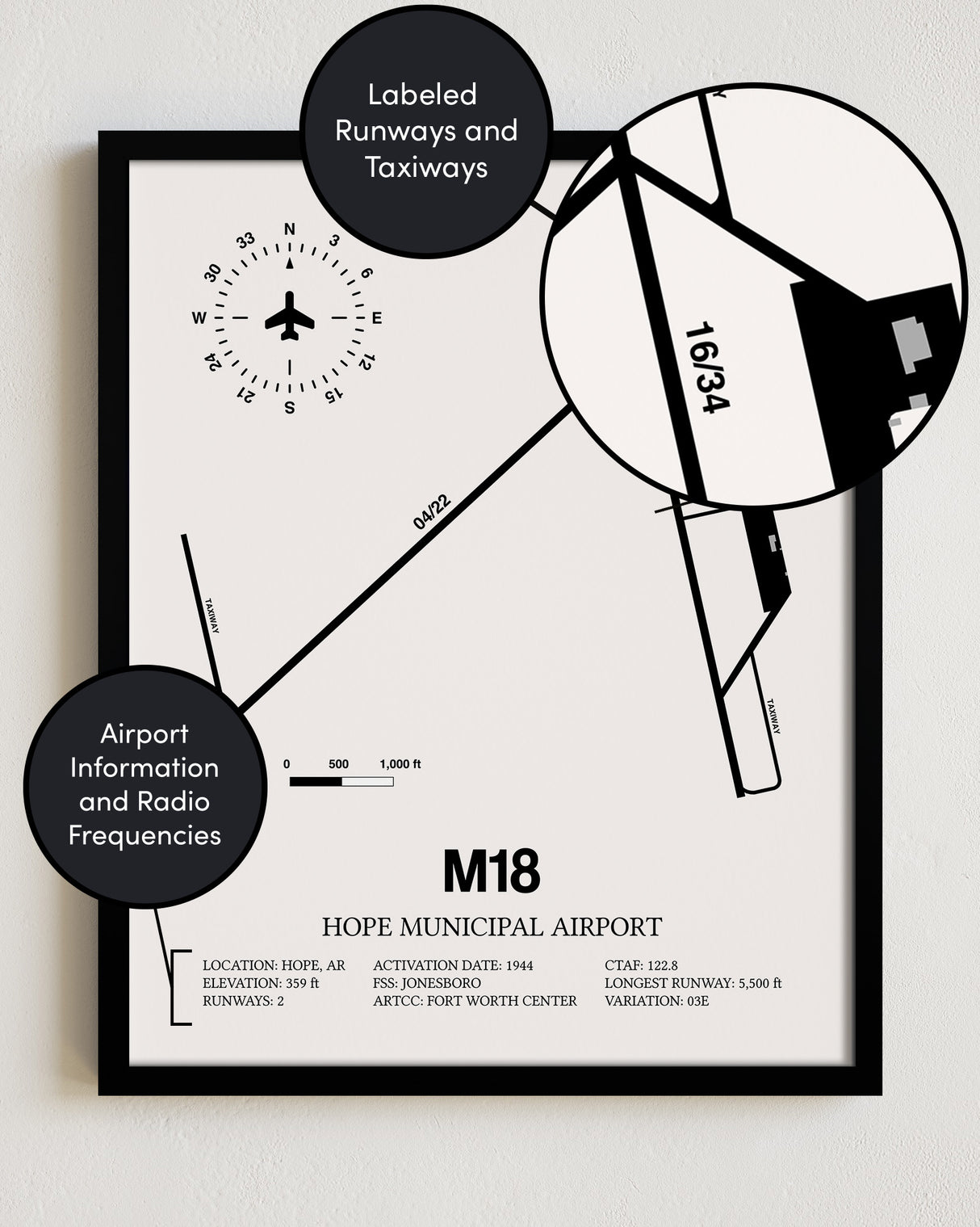 Framed Detailed Airport Map of Hope Municipal Airport (M18) in White with a Black Frame