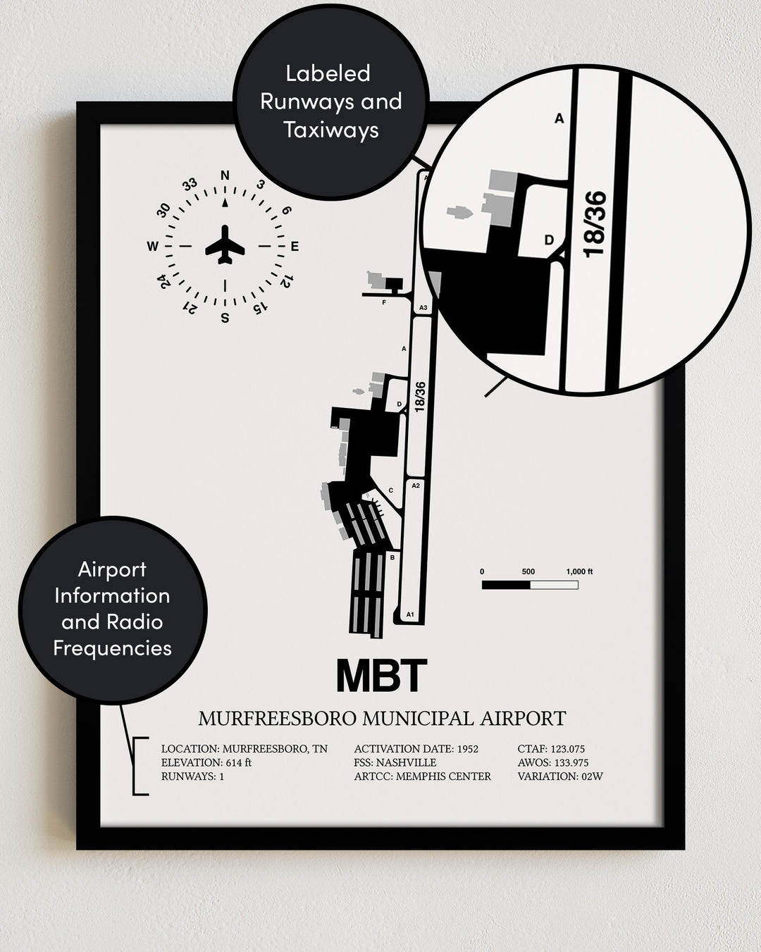 MBT Airport Map, Murfreesboro Municipal Airport Print