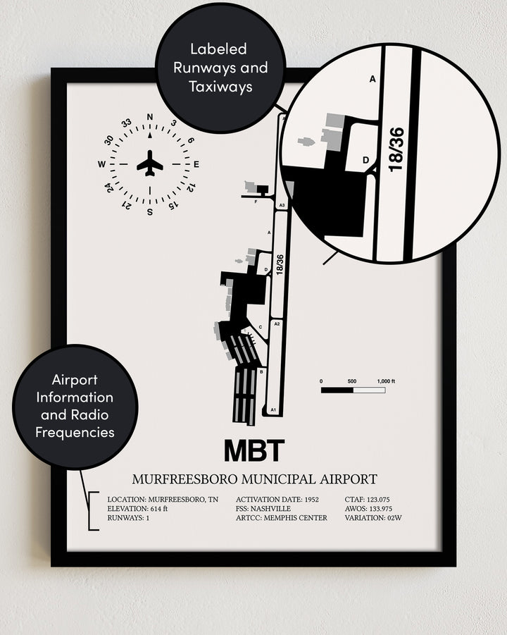 MBT Airport Map, Murfreesboro Municipal Airport Print