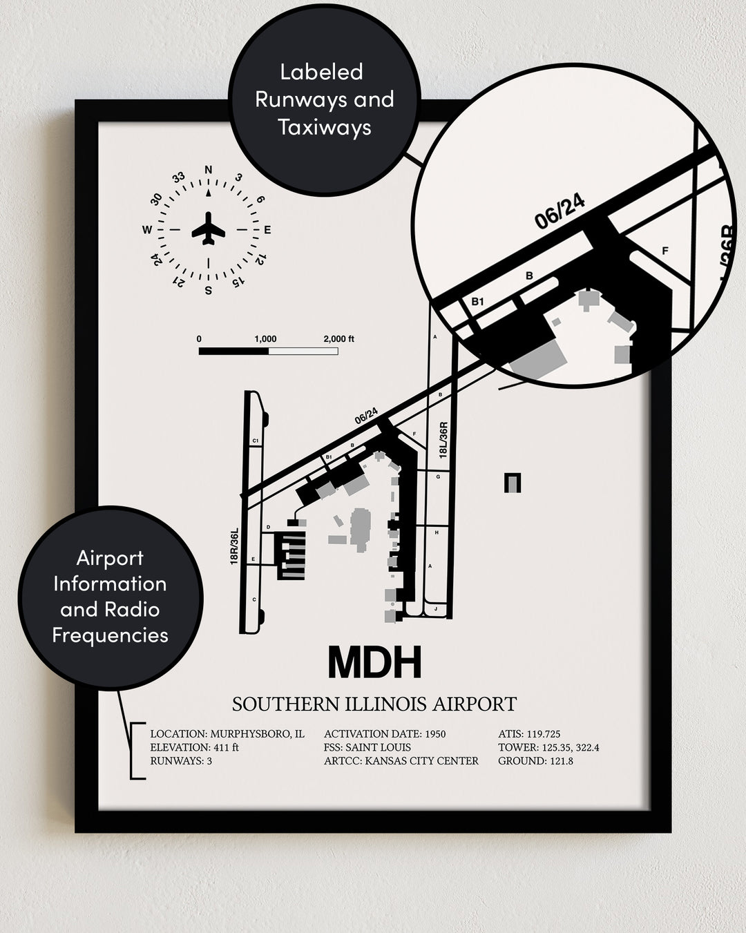 MDH Airport Map, Southern Illinois Airport Print