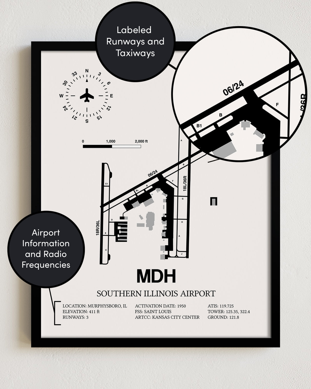 Framed Detailed Airport Map of Southern Illinois Airport (MDH) in White with a Black Frame