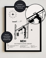 Framed Detailed Airport Map of Southern Illinois Airport (MDH) in White with a Black Frame